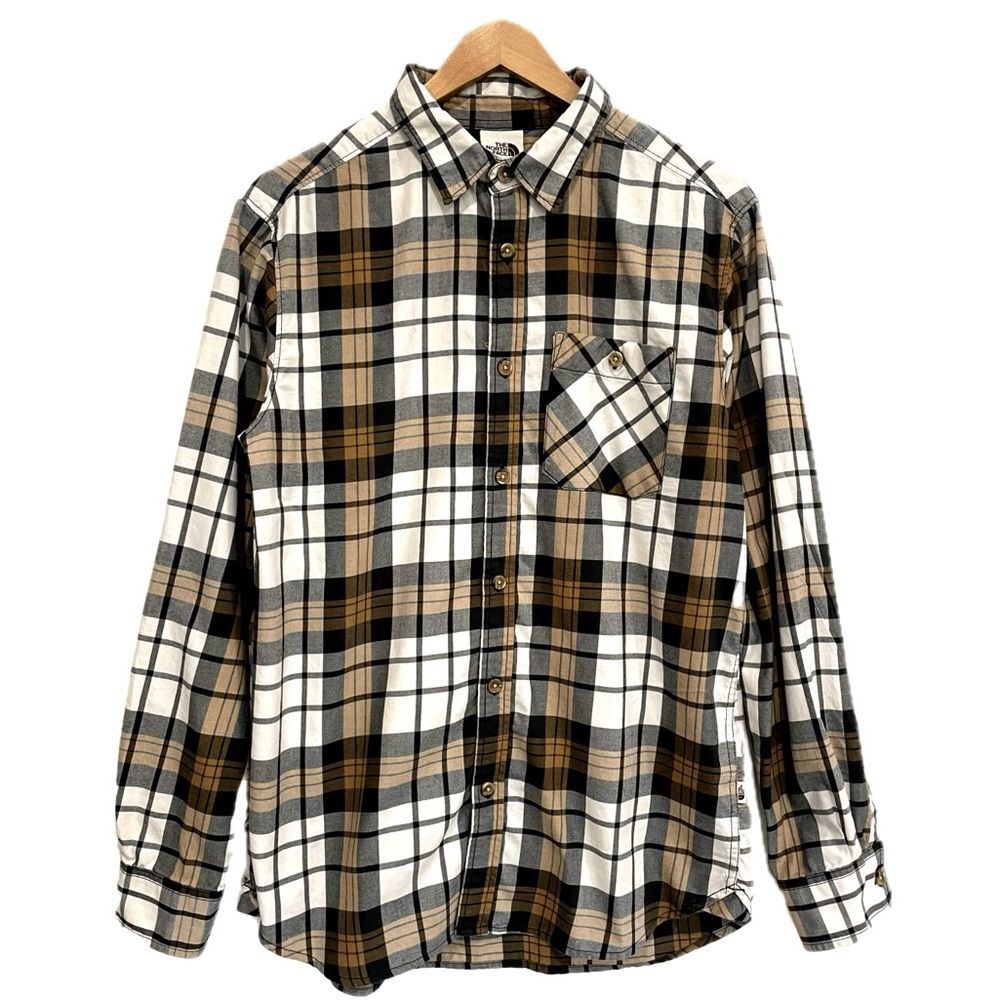 The North Face Mens Long Sleeve Plaid Button Down Shirt Size M Cream & Brown